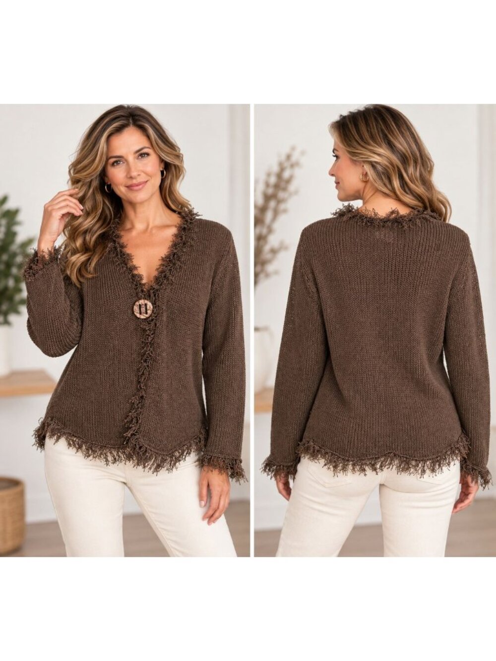 Chicos Linen Blend Open Cardigan Sweater Womens Large Brown Fringe